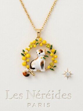 Les Néréides Paris Cat Pendant Necklace Yellow Enamel Floral Wreath | French Rom